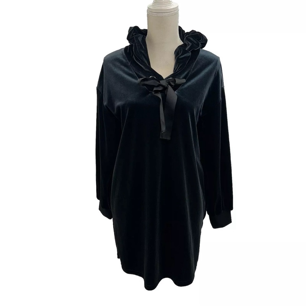 NWOT ZARA Oversized Black Velvet Hoodie SMALL Hiden Pockets Tunic Bow